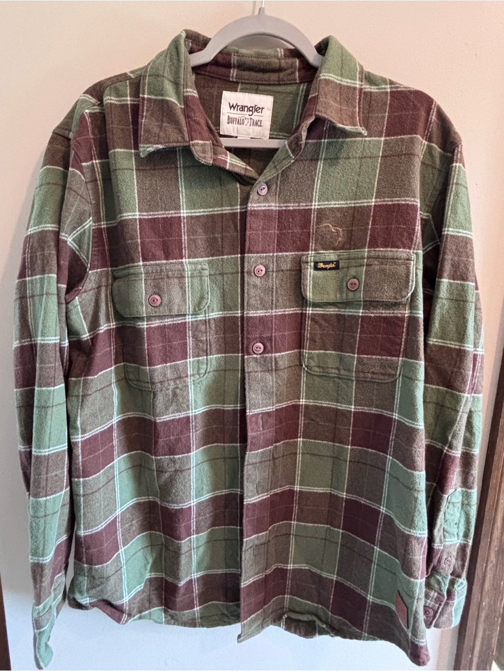 Wrangler x Buffalo Trace Men's Green & Brown Plaid Button-Up Shirt